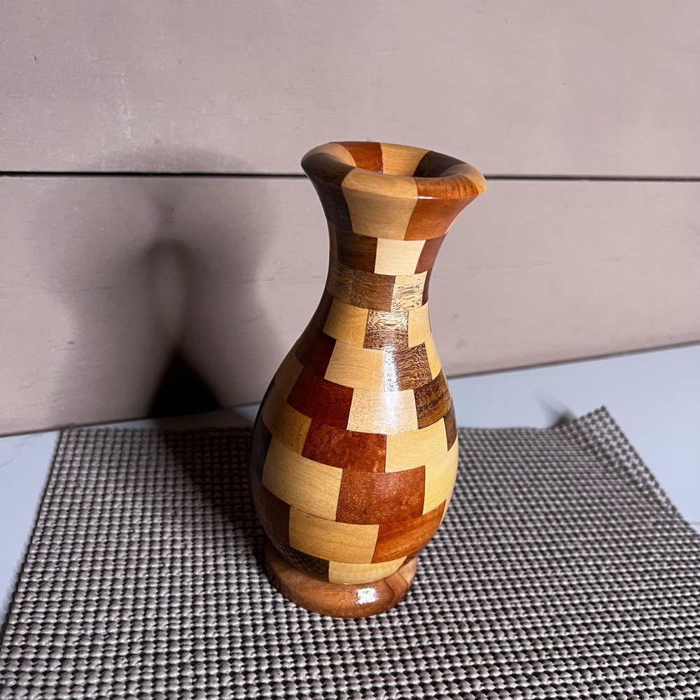Handmade Segmented Wood Bud Vase Patchwork Mosaic Geometric Decorative‎ 7 Inch